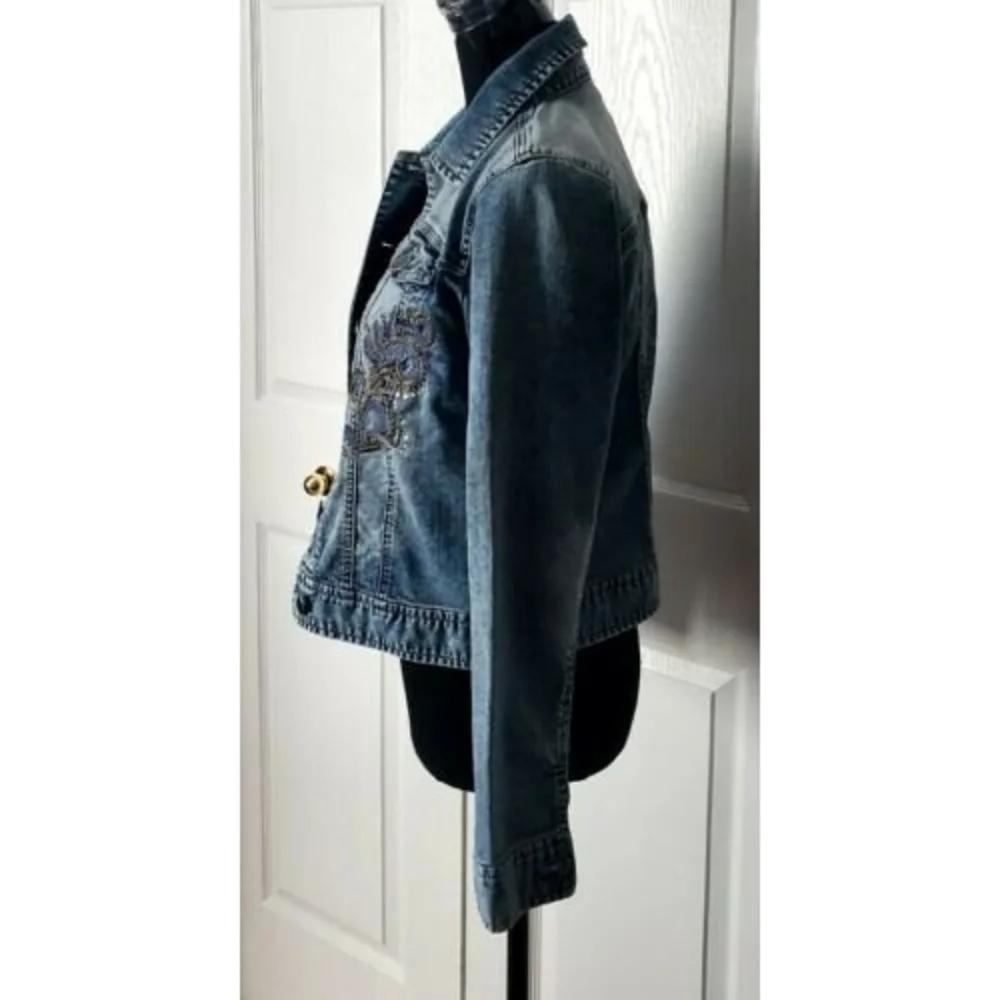 Platinum Chico's Blue Jean Jacket Women's Size 0 Embroidered Diamond Studs EUC